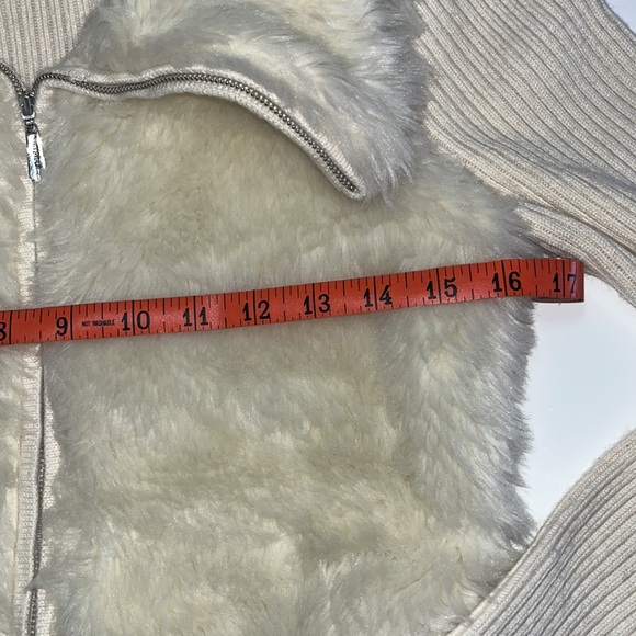 White House Black Market Ivory Belted Faux Fur Wool Sweater Jacket Full Zip XS - Picture 7 of 9